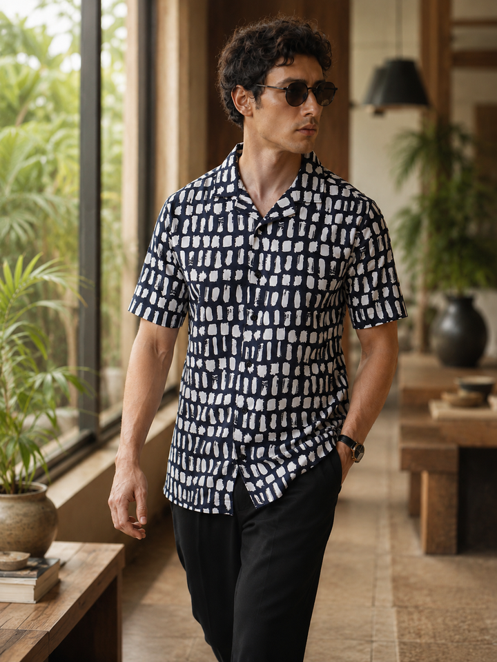 Navy Polka Print Cuban Shirt