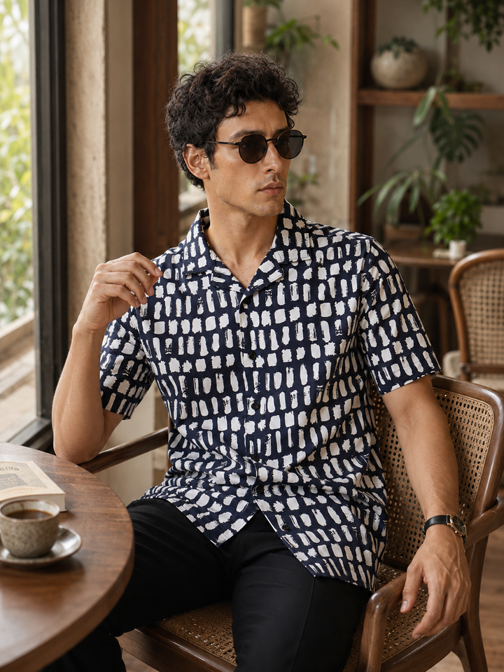 Navy Polka Print Cuban Shirt