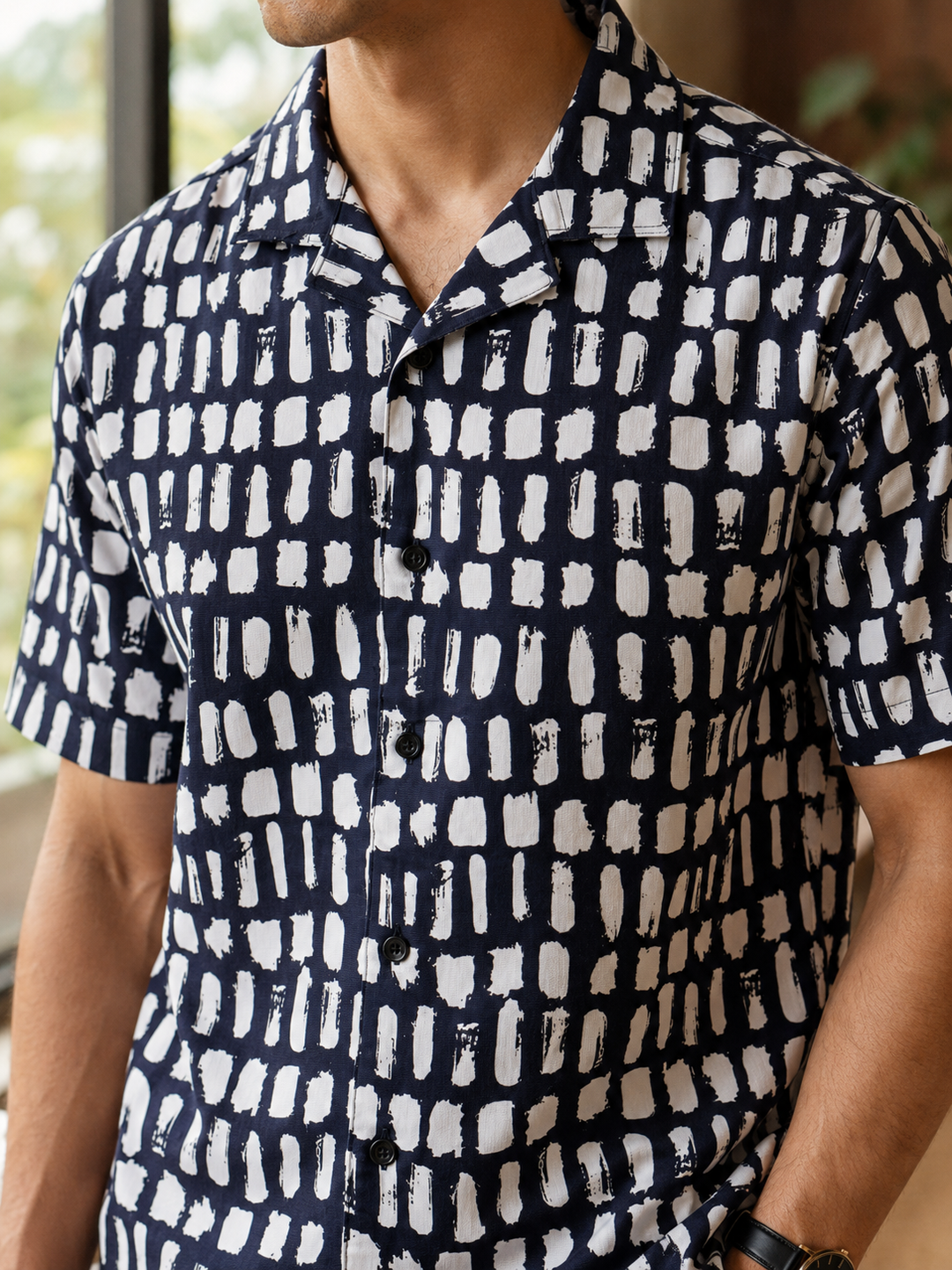 Navy Polka Print Cuban Shirt
