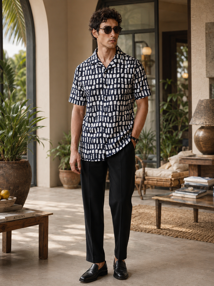 Navy Polka Print Cuban Shirt