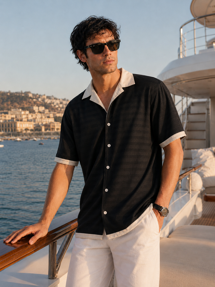 Textured Fabric: Stripes Black Cuban Shirt