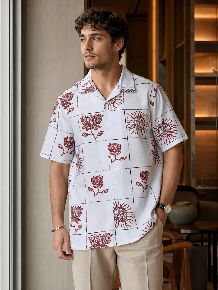 Textured: Cubic Sun Printed White Cuban shirt