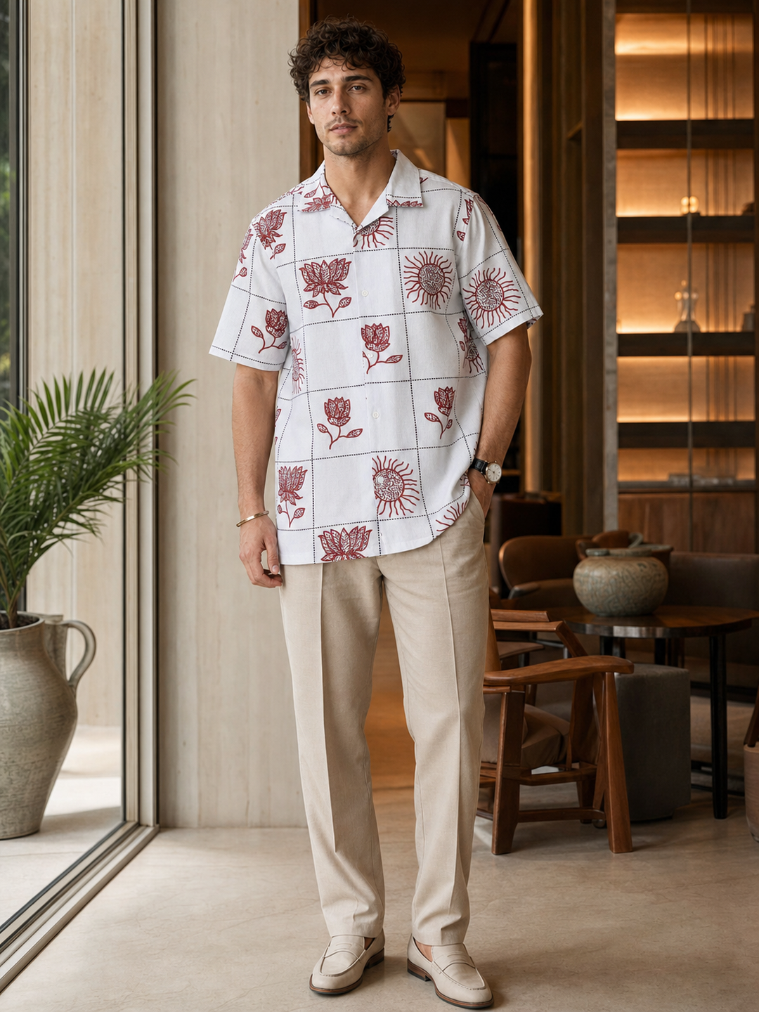 Textured: Cubic Sun Printed White Cuban shirt