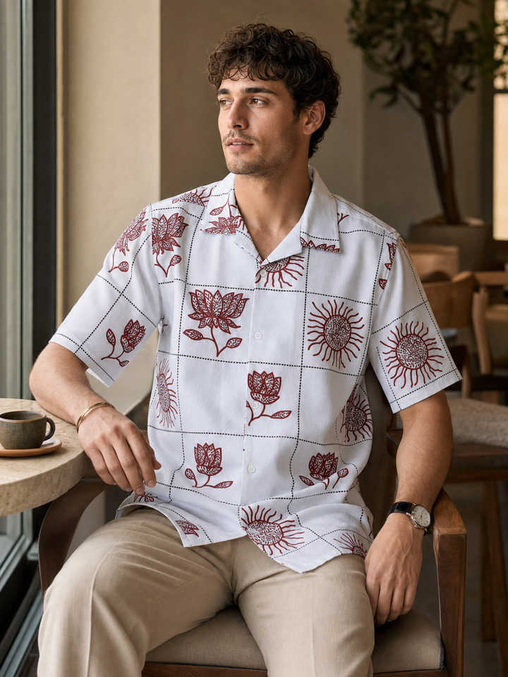 Textured: Cubic Sun Printed White Cuban shirt
