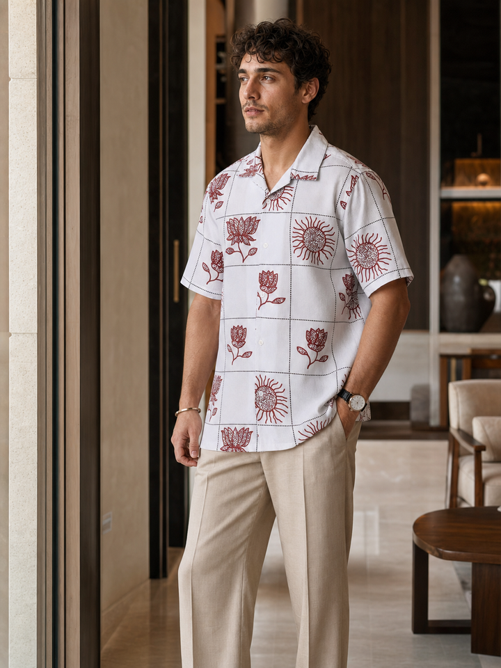 Textured: Cubic Sun Printed White Cuban shirt