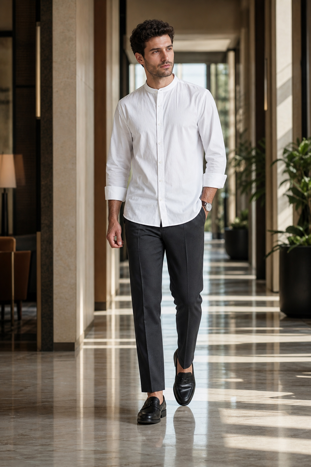 Mandarin Collar White Shirt