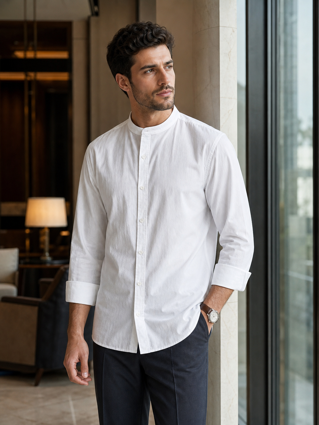 Mandarin Collar White Shirt