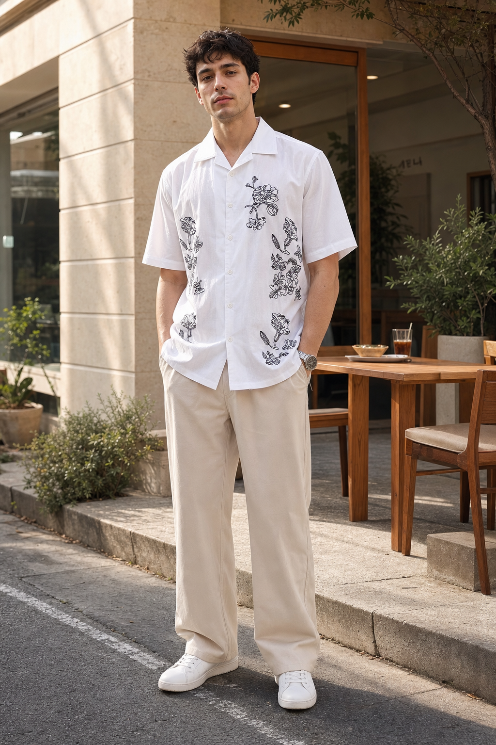 Brown Floral embroidery Cotton Cuban Shirt
