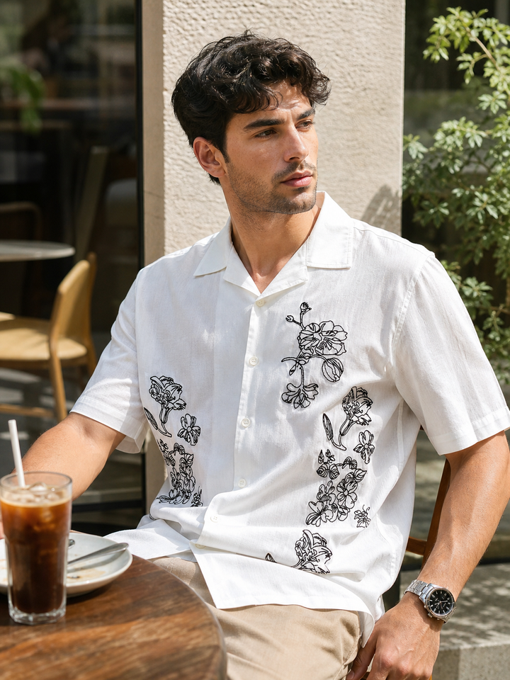 Brown Floral embroidery Cotton Cuban Shirt