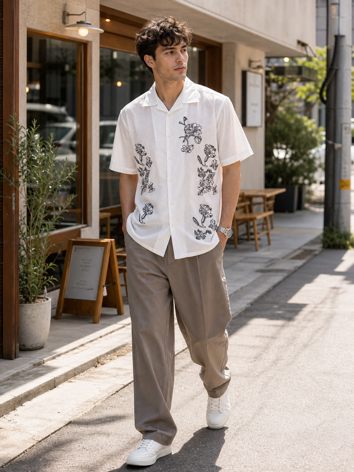 Brown Floral embroidery Cotton Cuban Shirt