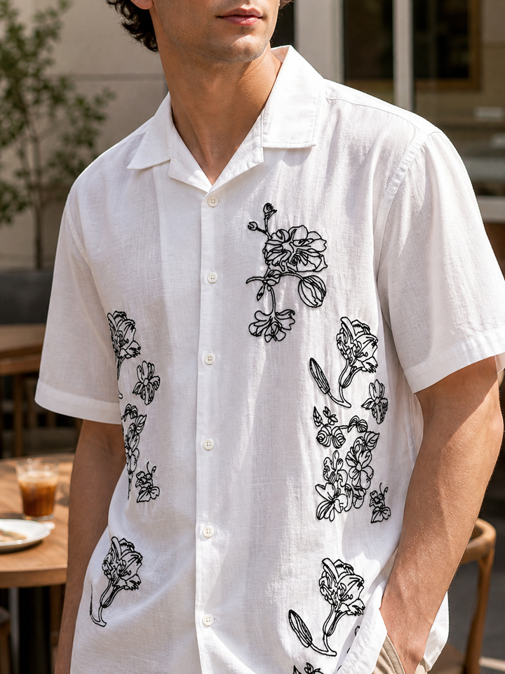 Brown Floral embroidery Cotton Cuban Shirt