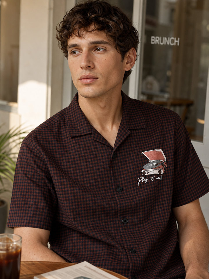 Gramophone: Embroidery Brown Cuban Shirt
