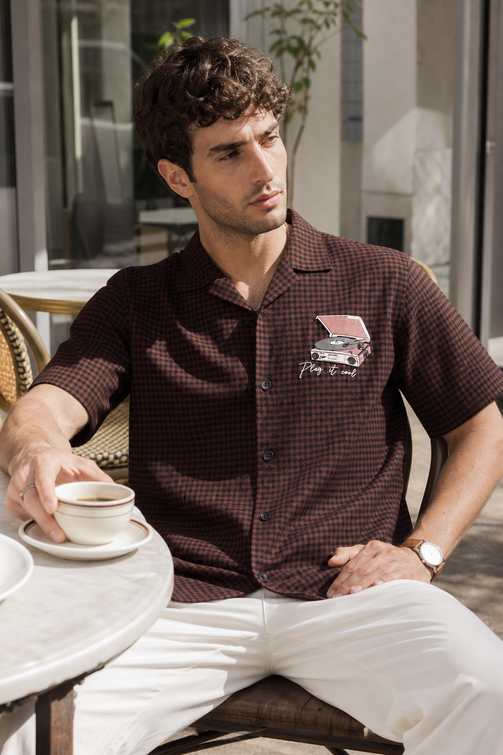 Gramophone: Embroidery Brown Cuban Shirt