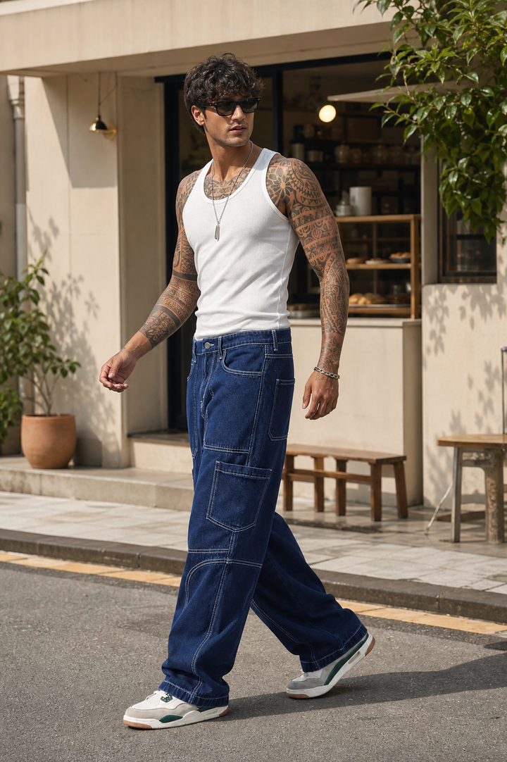 Denims: Blue Baggy Cargo Pant