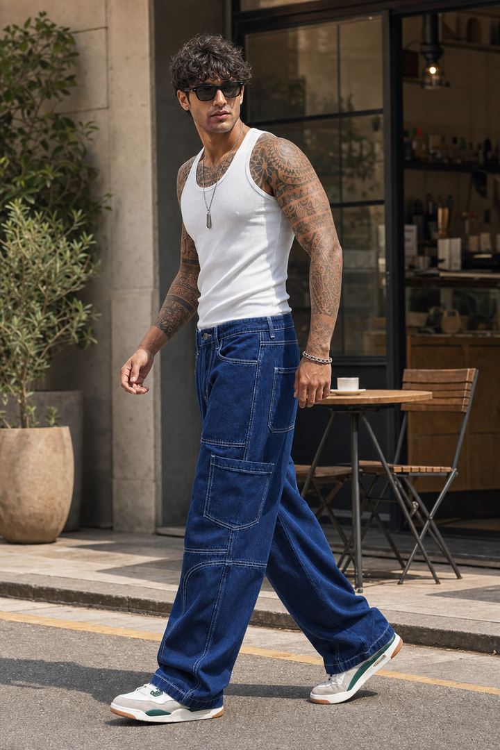 Denims: Blue Baggy Cargo Pant