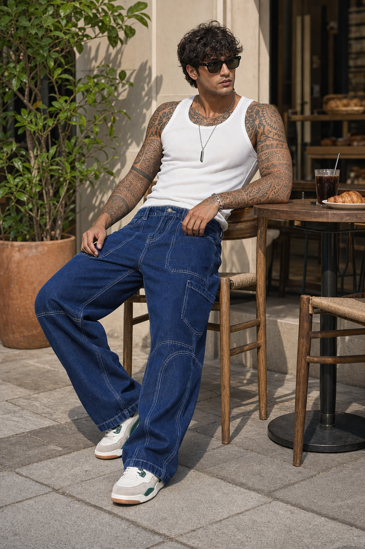 Denims: Blue Baggy Cargo Pant