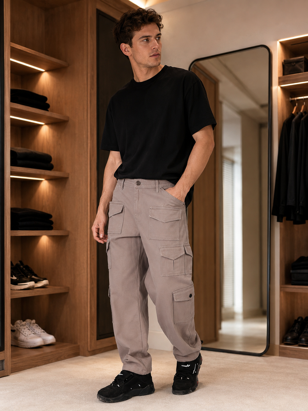 Utility: Multi-Pockets Cream Twill Cargo Pants