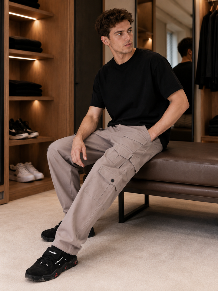 Utility: Multi-Pockets Cream Twill Cargo Pants