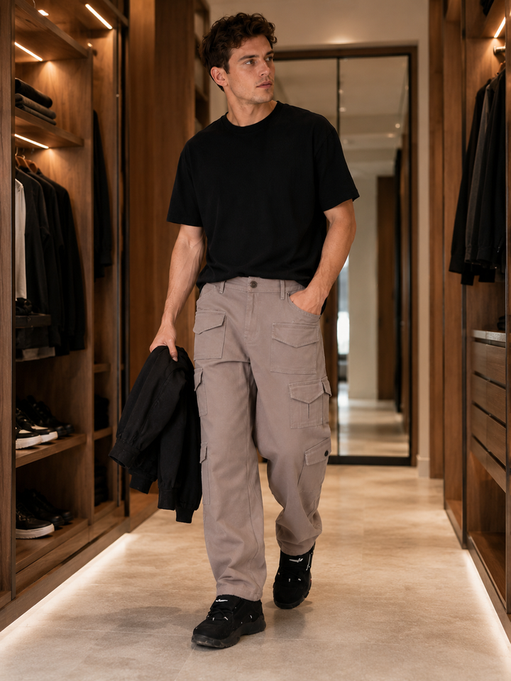 Utility: Multi-Pockets Cream Twill Cargo Pants