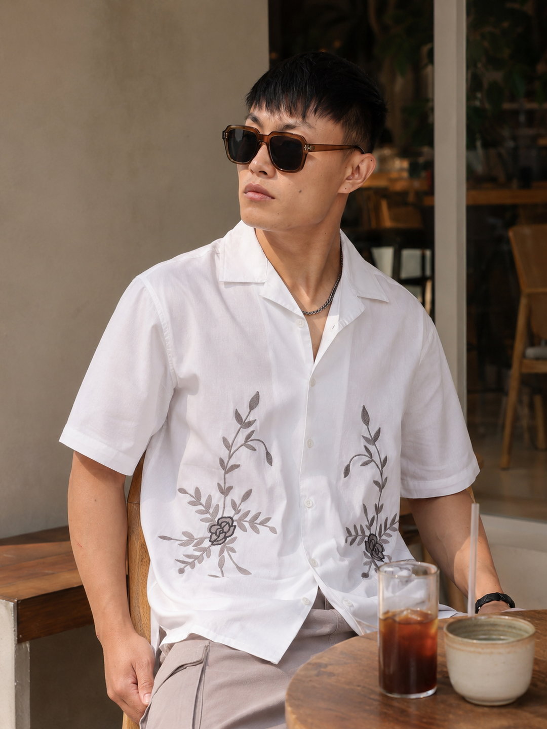 Grey Floral Embroidery White Cuban Shirt