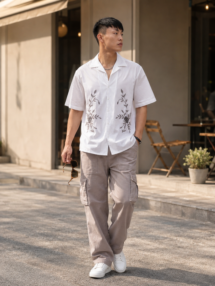 Grey Floral Embroidery White Cuban Shirt