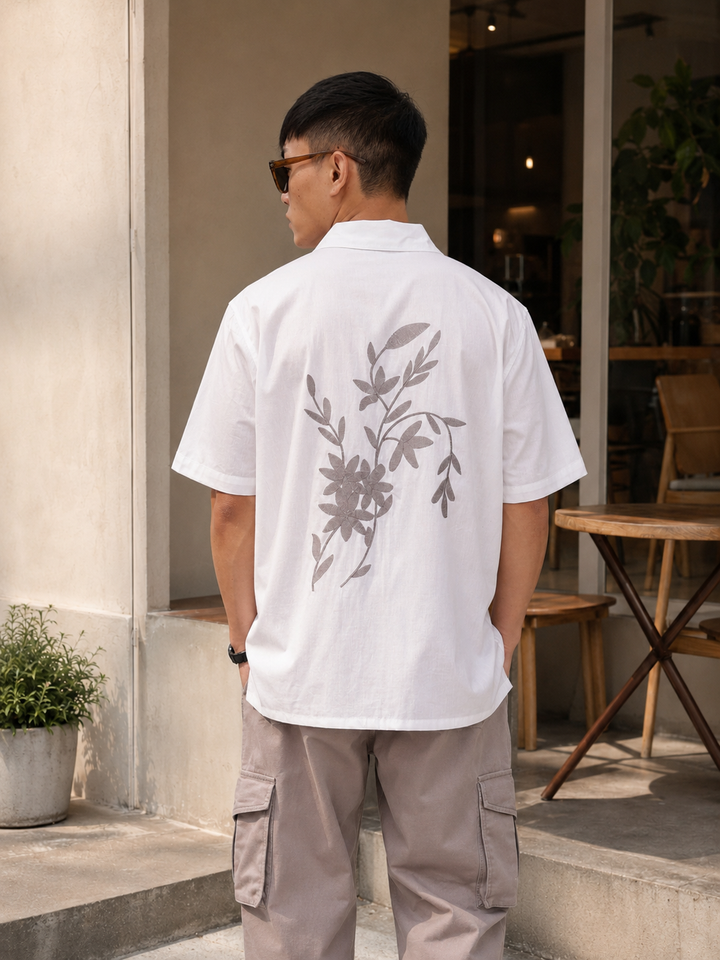 Grey Floral Embroidery White Cuban Shirt