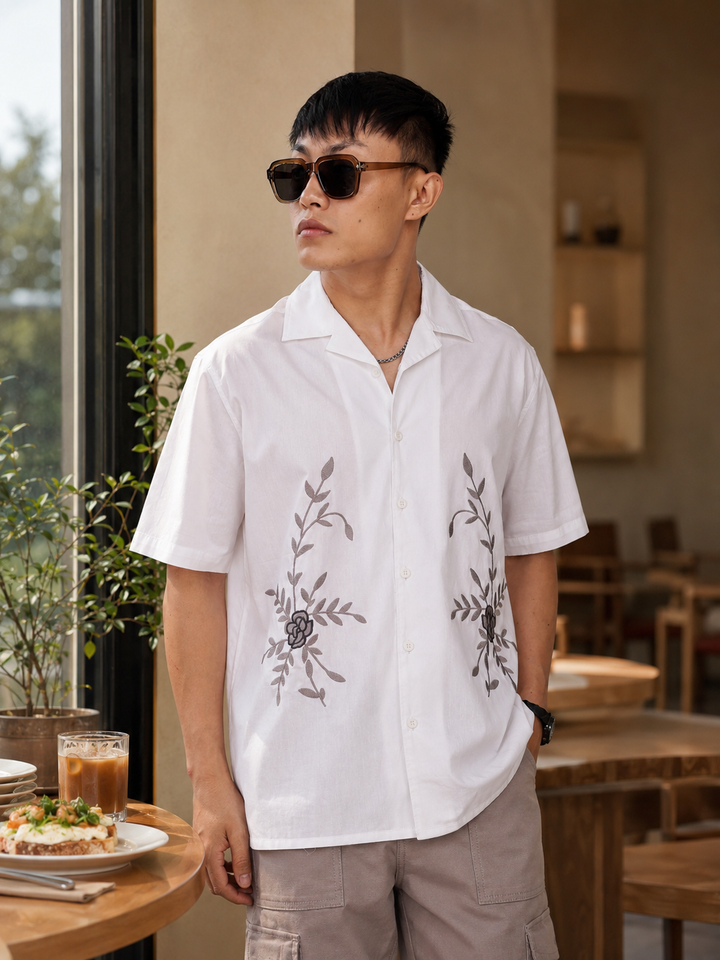 Grey Floral Embroidery White Cuban Shirt