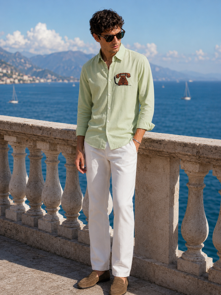 Vintage Telephone: Green Embroidery Shirt