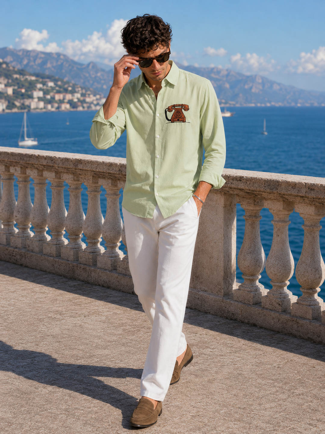 Vintage Telephone: Green Embroidery Shirt