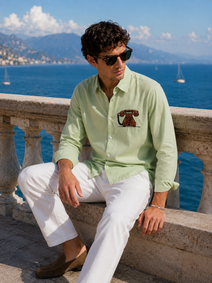 Vintage Telephone: Green Embroidery Shirt