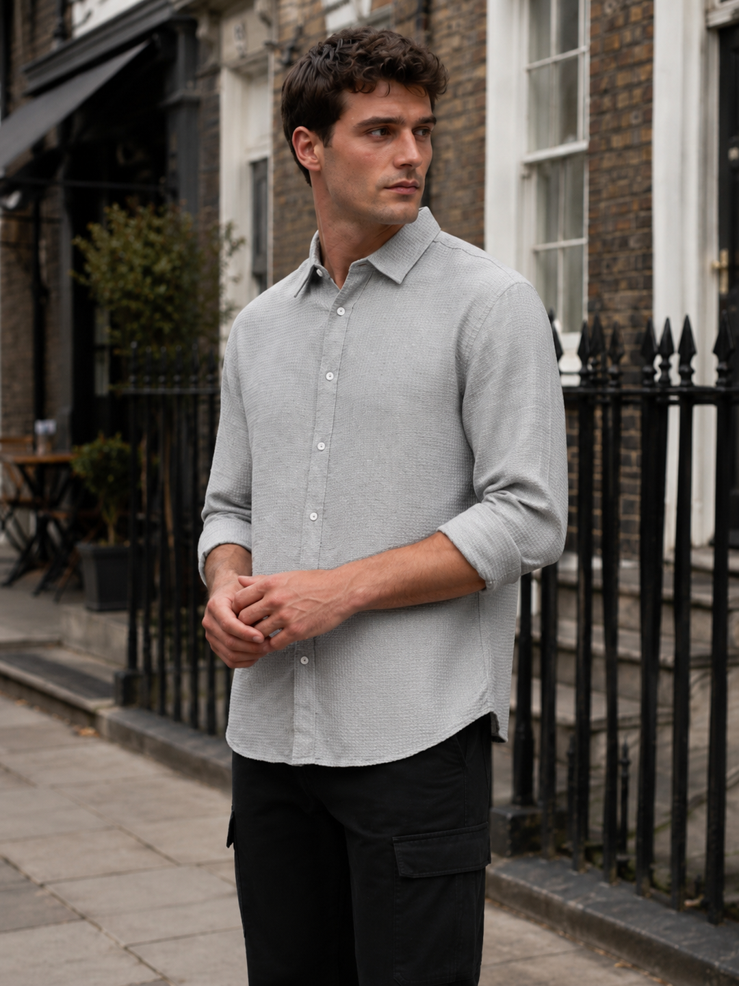 Solids: Grey Textured fabric shirt