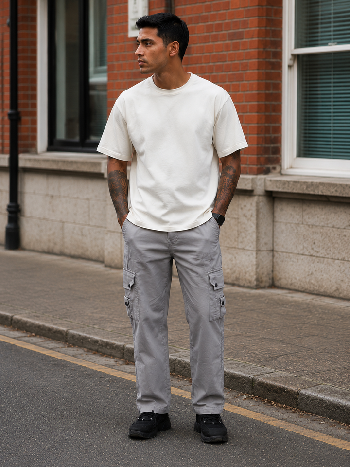 Grey Baggy Stretch Twill Cargo Pants