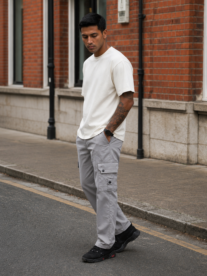 Grey Baggy Stretch Twill Cargo Pants