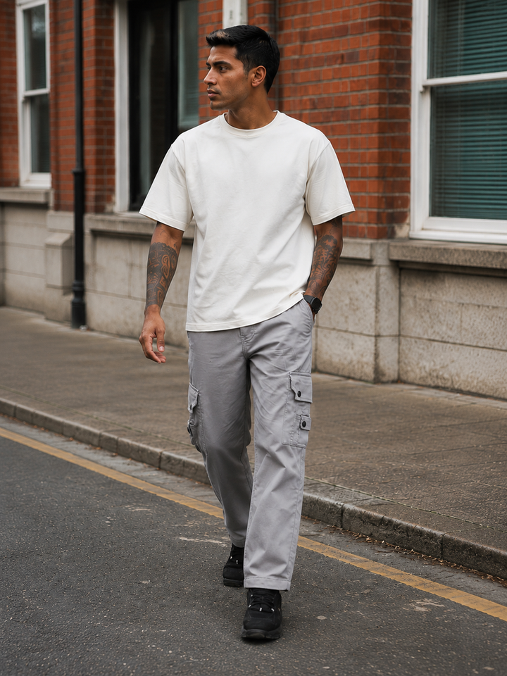 Grey Baggy Stretch Twill Cargo Pants