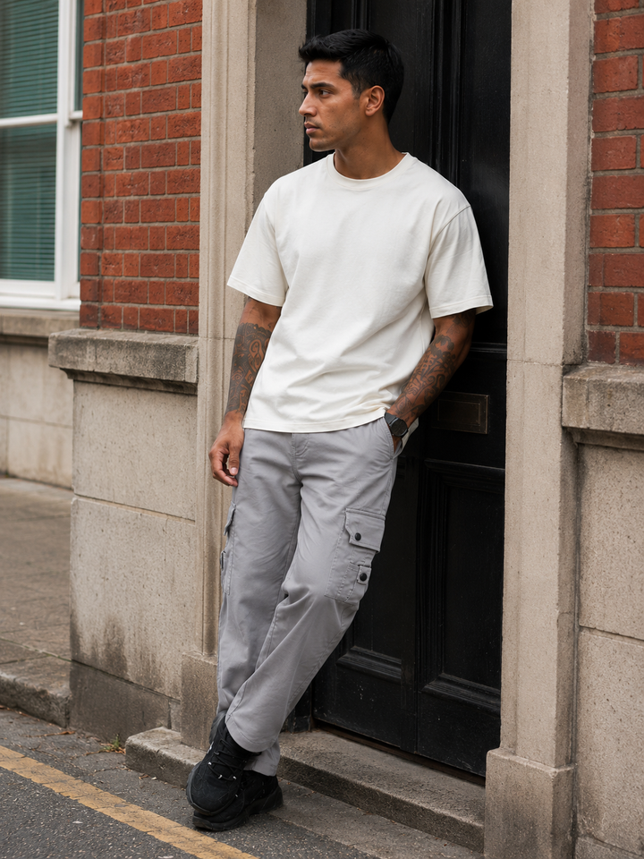 Grey Baggy Stretch Twill Cargo Pants