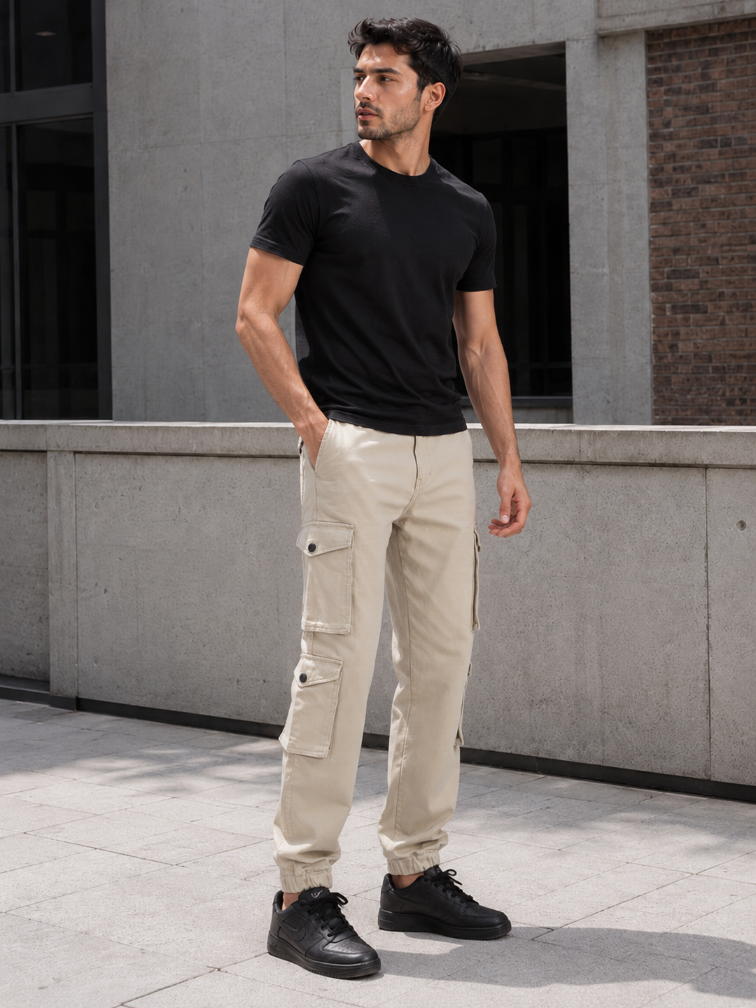 Textured Fabric: Utility Cream Cargo Pants