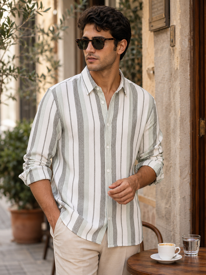 Stripes: Green Textured fabric Shirt