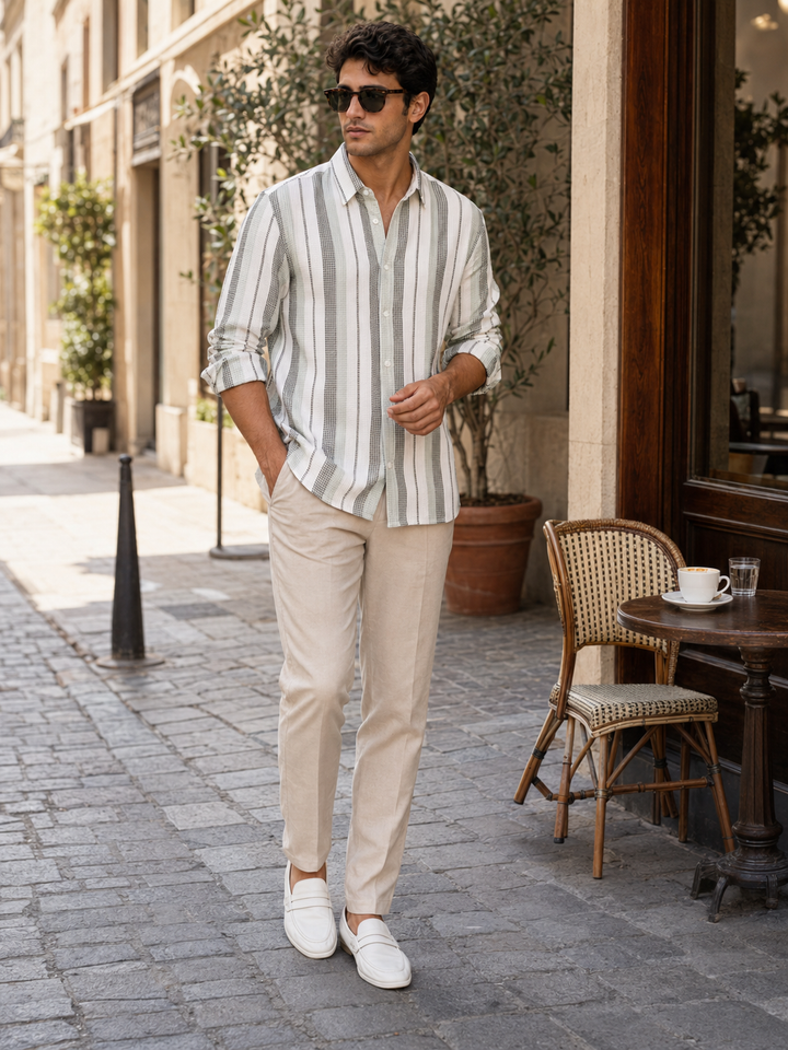 Stripes: Green Textured fabric Shirt