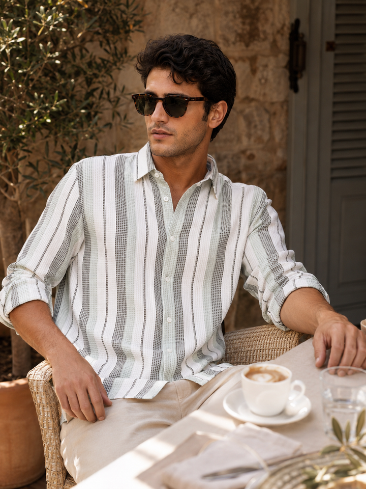 Stripes: Green Textured fabric Shirt