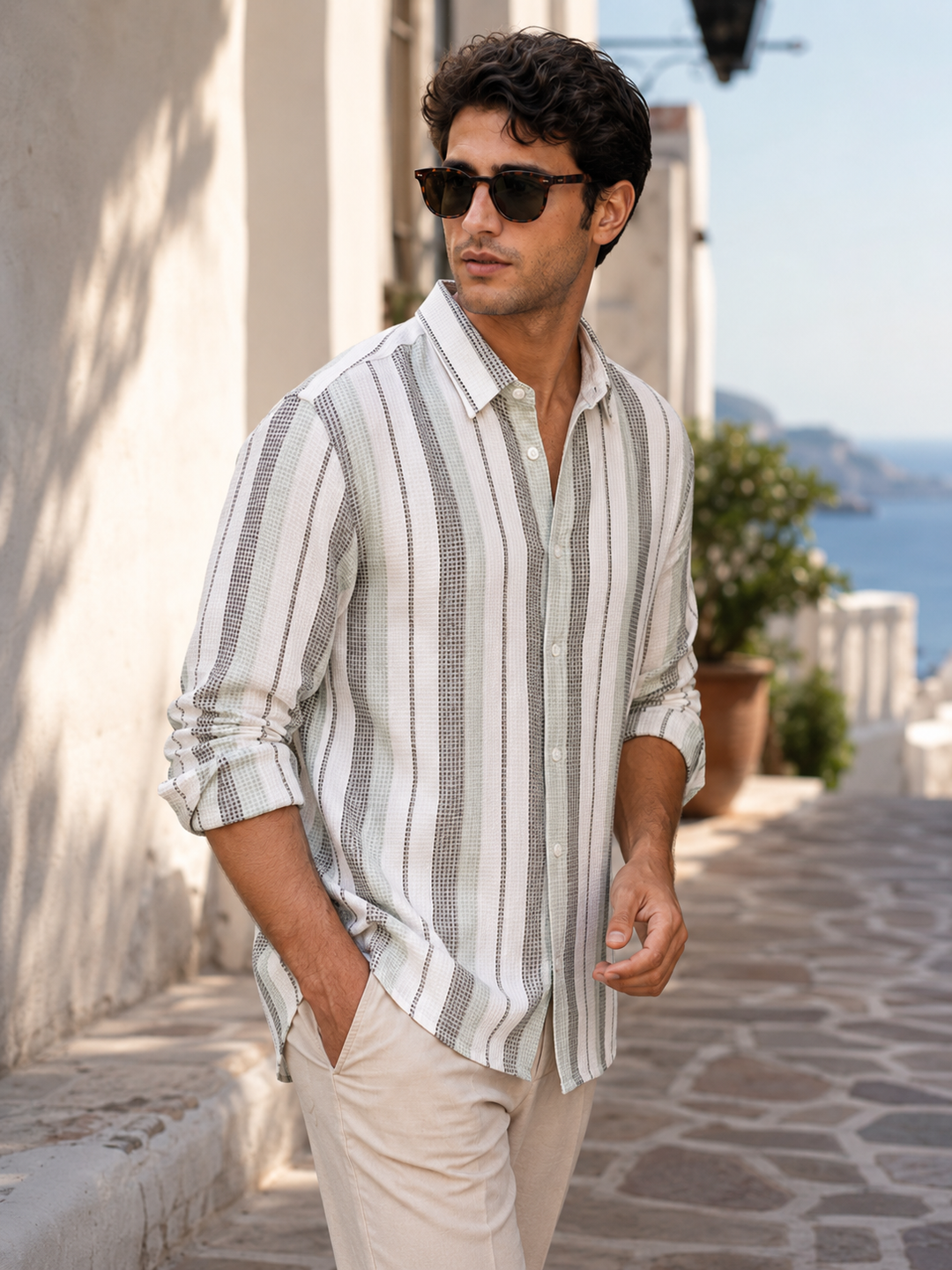 Stripes: Green Textured fabric Shirt