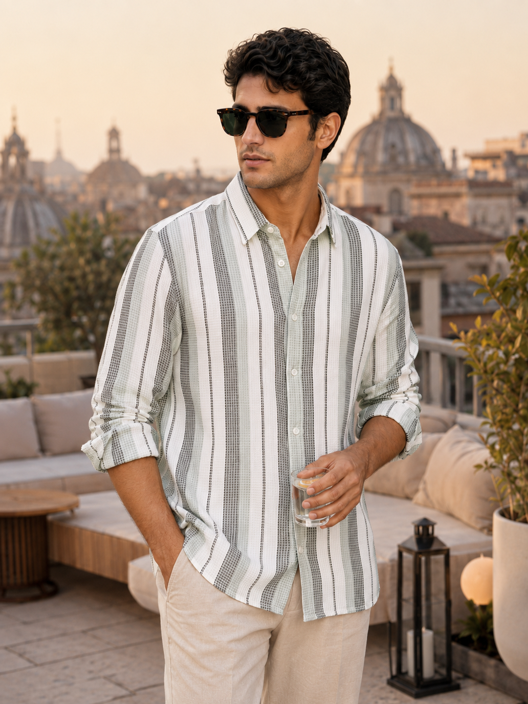 Stripes: Green Textured fabric Shirt