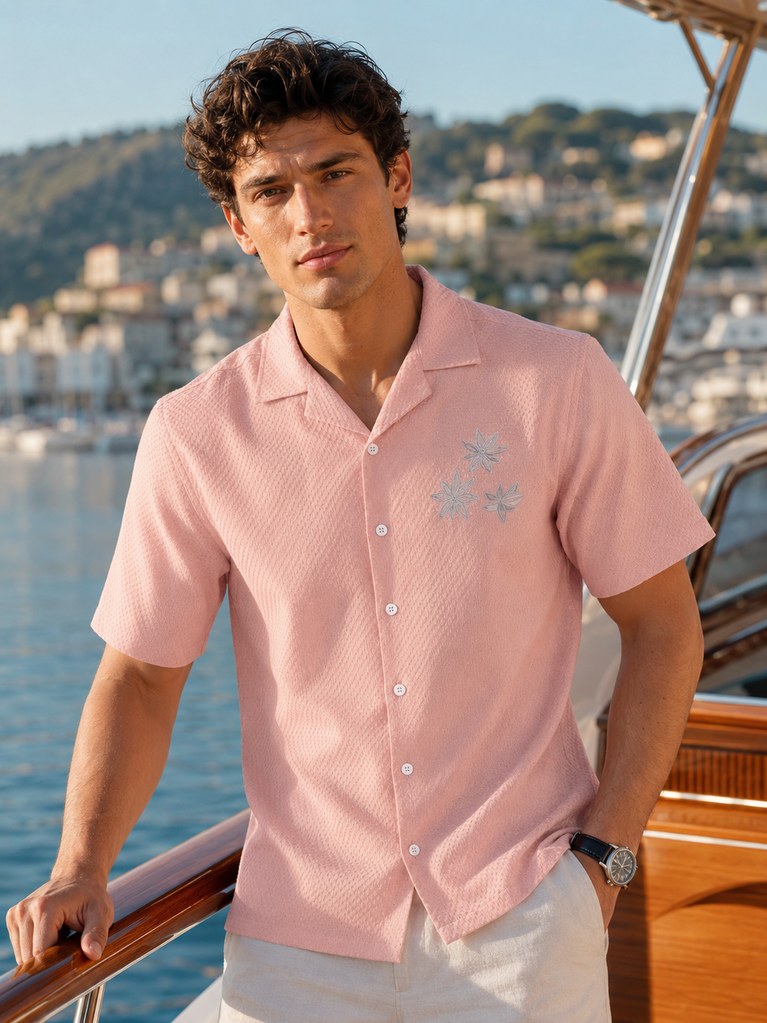 Tropical: Embroidery Textured Fabric Peach Shirt