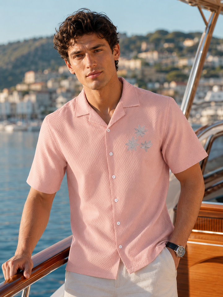 Tropical: Embroidery Textured Fabric Peach Shirt