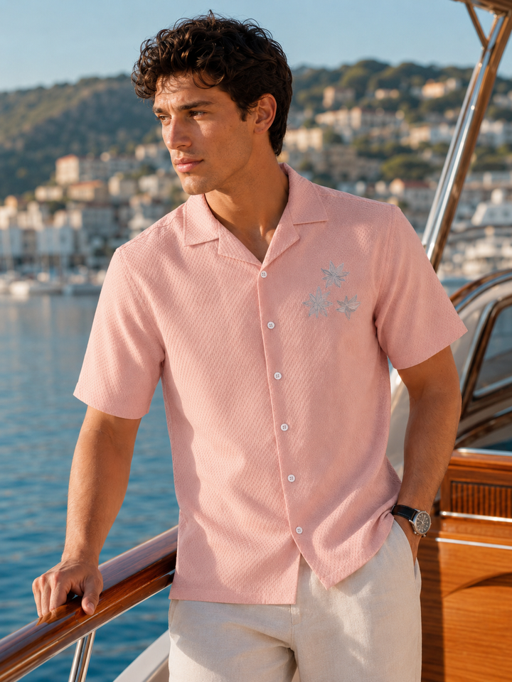 Tropical: Embroidery Textured Fabric Peach Shirt
