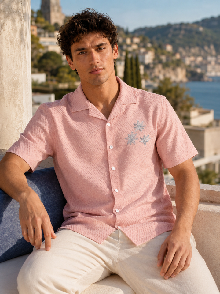 Tropical: Embroidery Textured Fabric Peach Shirt
