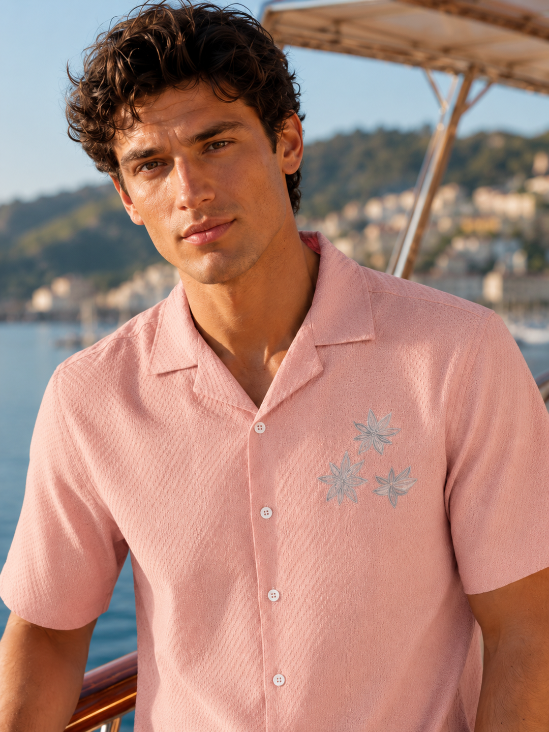 Tropical: Embroidery Textured Fabric Peach Shirt