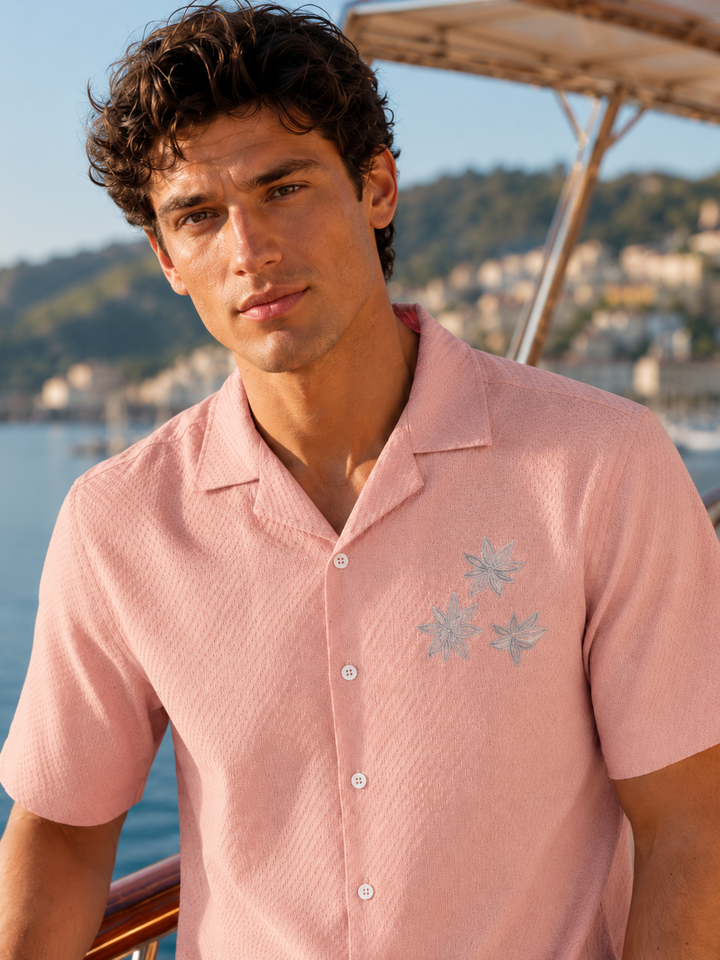 Tropical: Embroidery Textured Fabric Peach Shirt