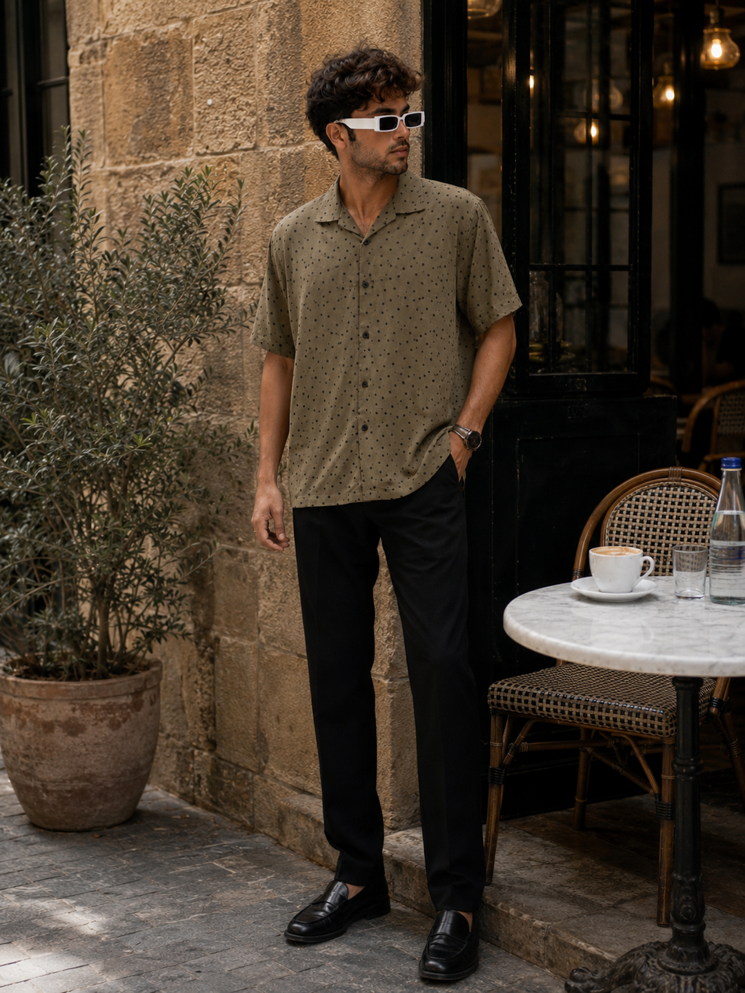 Olive Polka Cuban Shirt