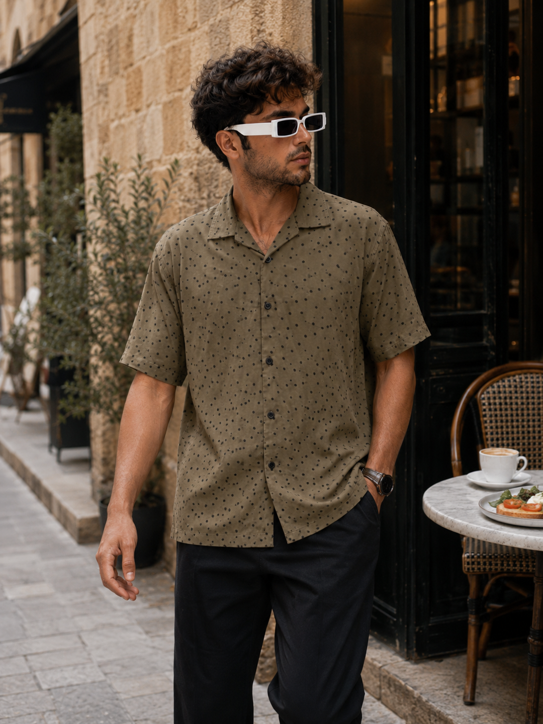 Olive Polka Cuban Shirt