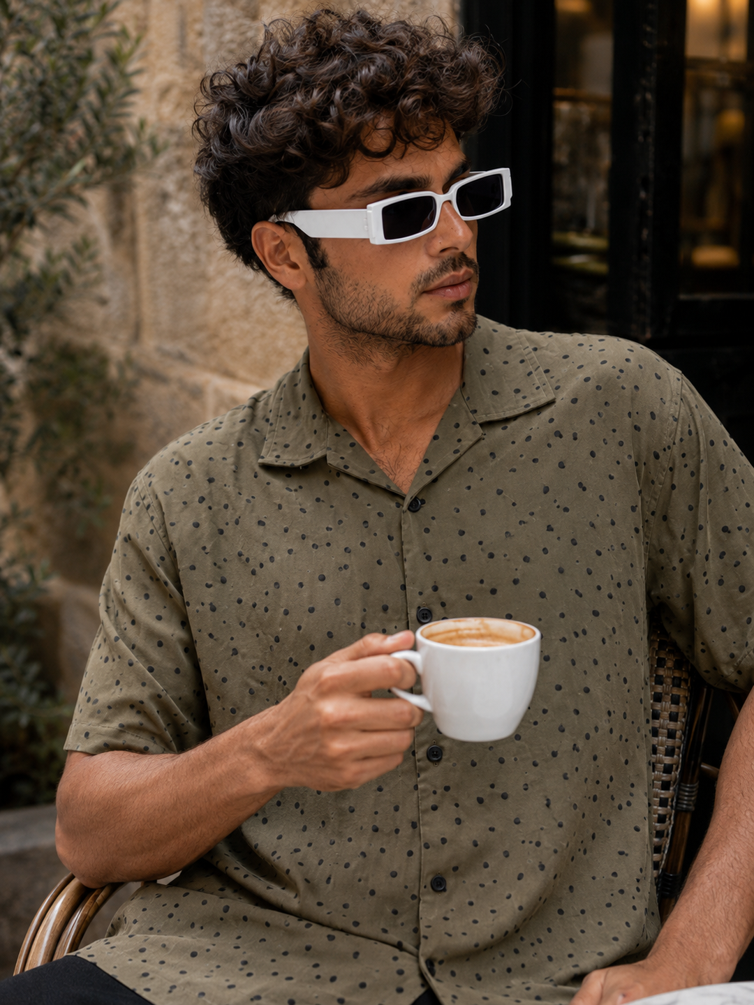 Olive Polka Cuban Shirt